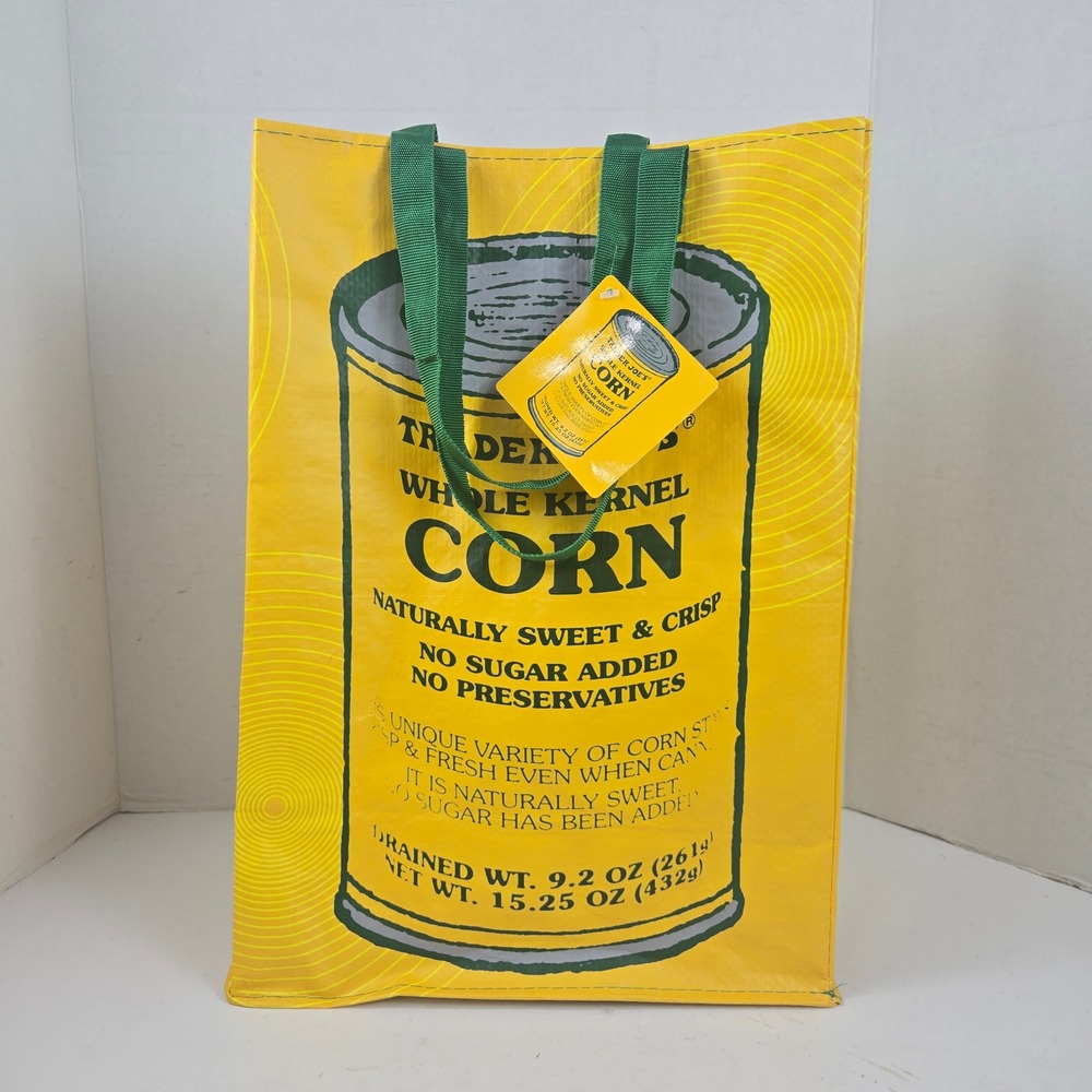 Trader Joe's Reusable Grocery Bag Whole Kernel Corn Can Graphic Yellow NWT RARE